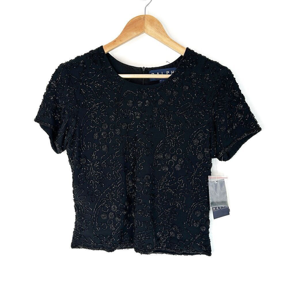 Ralph Deadstock Vintage Sequin Top Short Sleeve Blouse Evening MED Crop Beaded